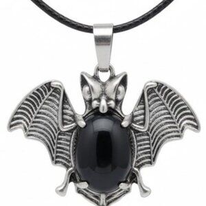 Bat‎ Pendant Necklace with Black Obsidian Stone Gothic Jewelry Women Halloween